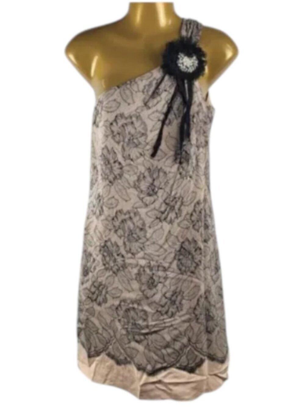 NEW Jay Godfrey Size 0 100% Silk Beige and Black Lace Dress with Black Brooch